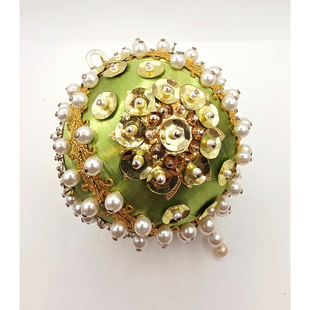 Vintage Sequin Beaded Push-Pin Christmas Ornament Round Green Gold Sparkle 3.5"